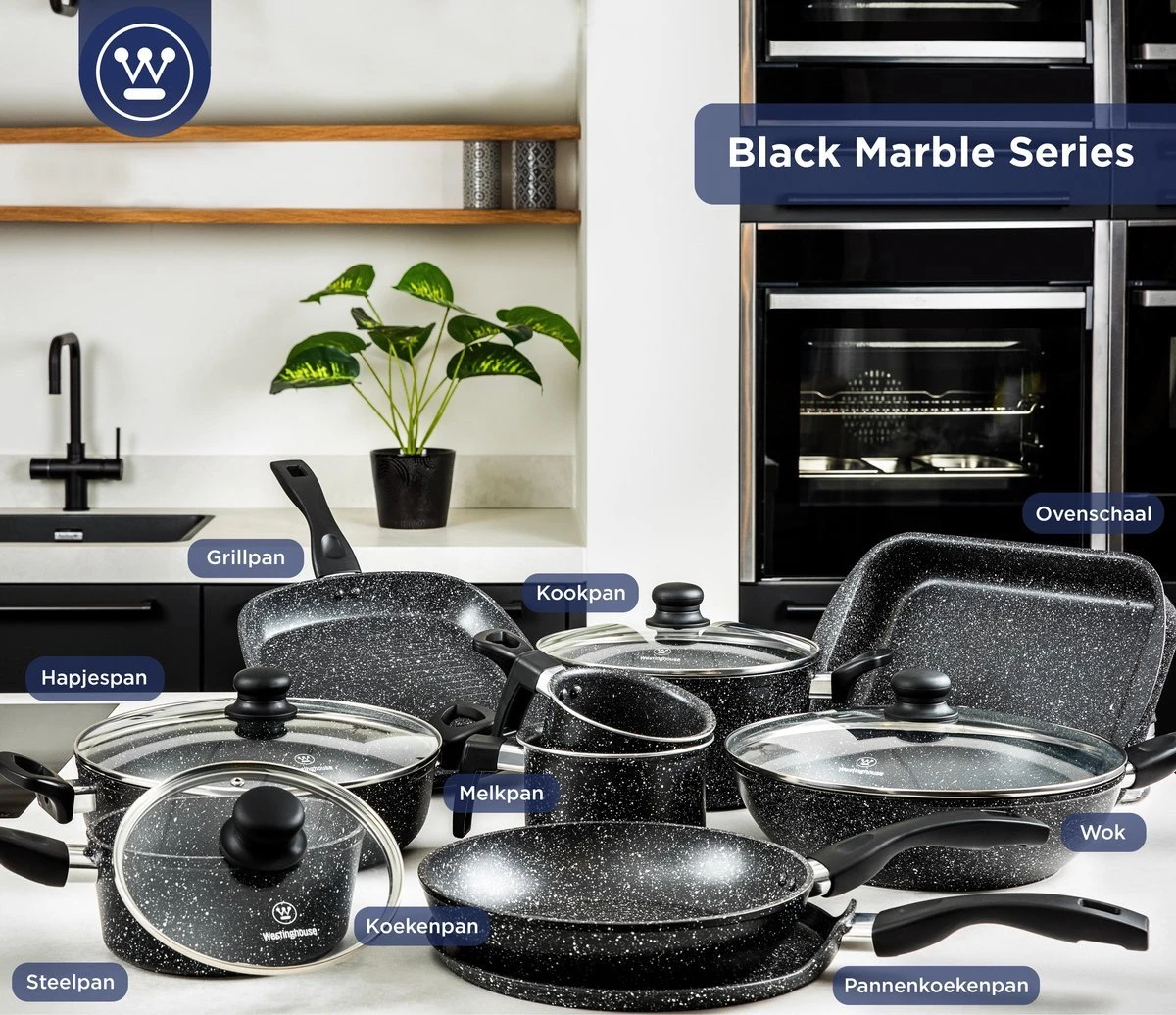 Westinghouse Pannenset Black Marble (Grillpan 28 Cm + Wokpan ø 30 Cm) - Inductie En Alle Andere Warmtebronnen 11 Westinghouse Pannenset Black Marble (Grillpan 28 Cm + Wokpan ø 30 Cm) - Inductie En Alle Andere Warmtebronnen - Afbeelding 9