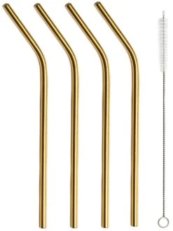 Sareva Herbruikbare Rietjes - Met Borstel - Goud - Gebogen - 4 Stuks -Thuiskeuken Sareva Rietjes gebogen goud 1